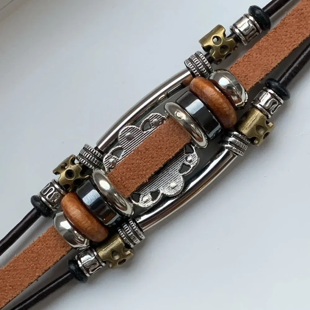 Men’s Western Multi-Strand Bracelet - Silver Tone with Faux Turquoise